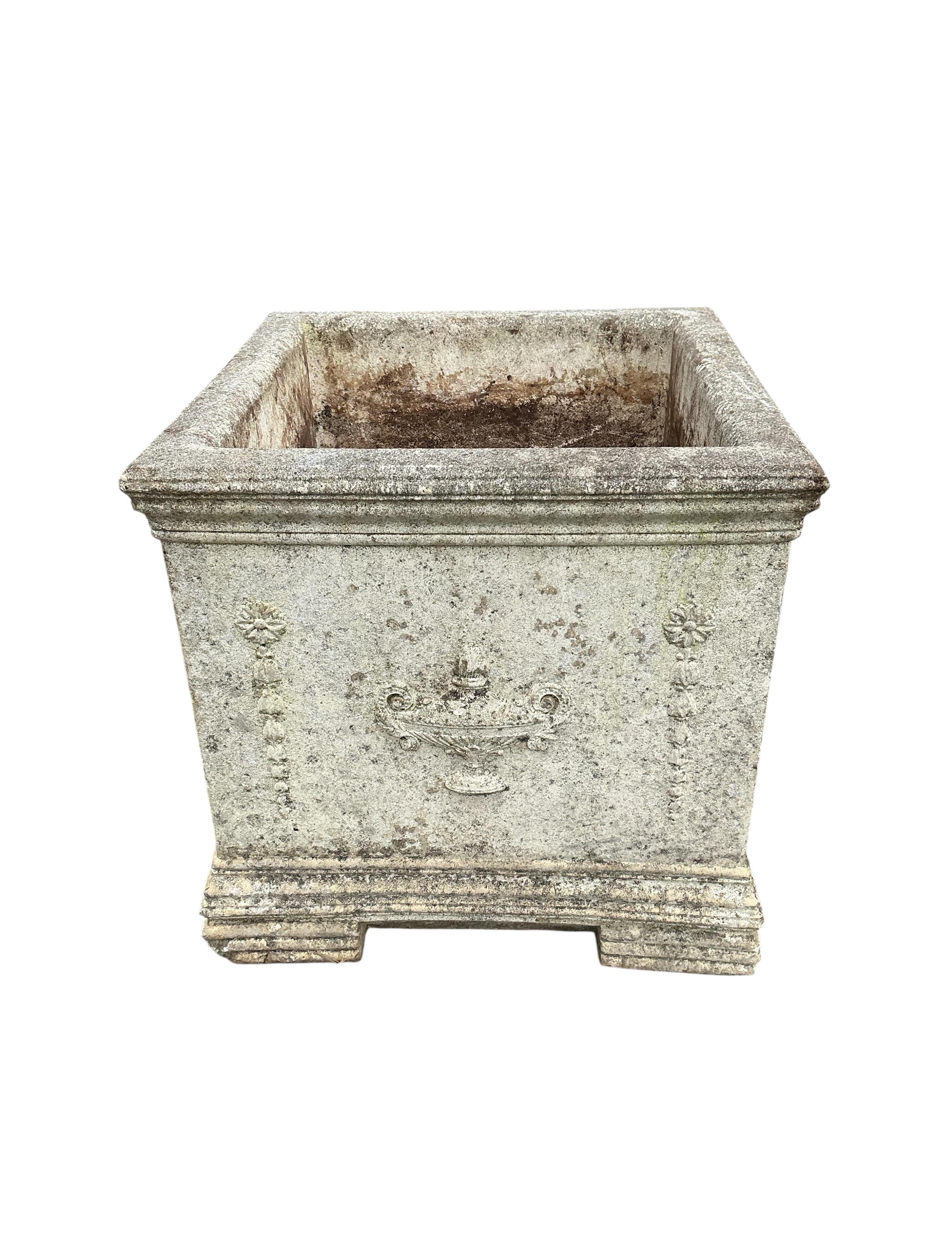 A pair of square reconstituted stone garden planters, 39cm, height 40cm